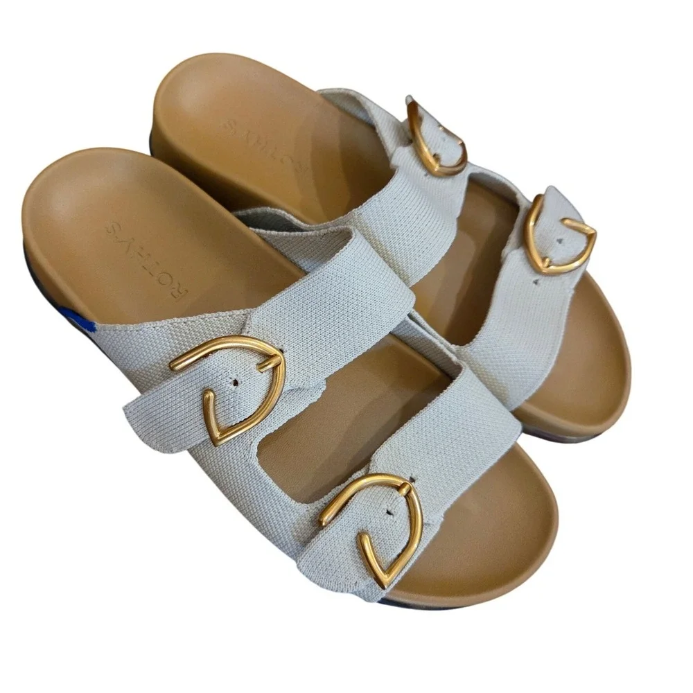 Rothys The Buckle Weekend Slide Sand Double Strap Preppy Norm Sandal Comfort 7.5